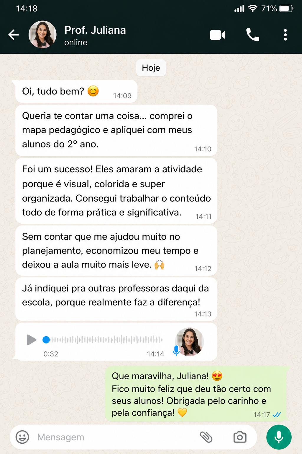 Depoimento de professora no WhatsApp sobre os mapas pedagógicos