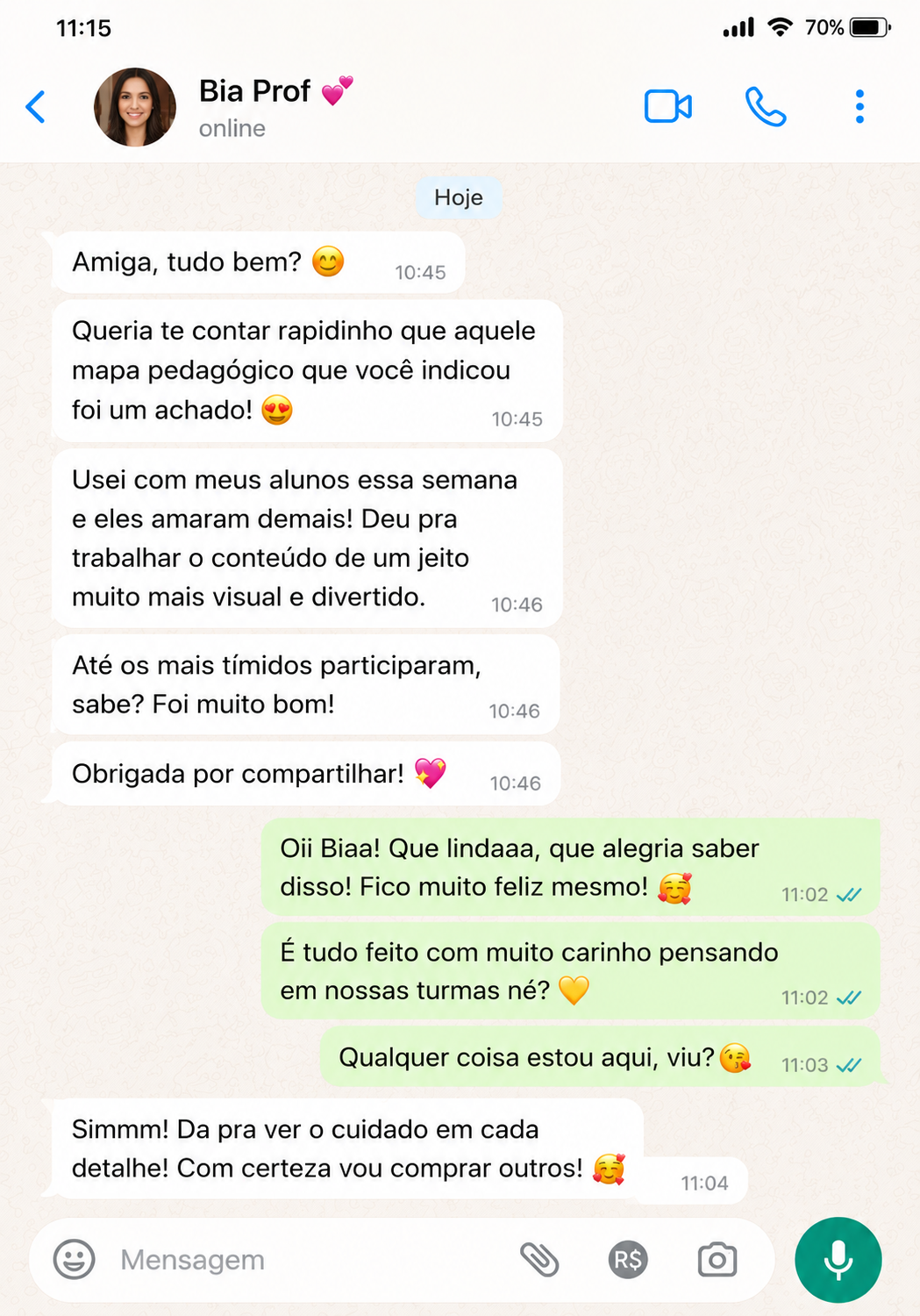 Depoimento de professora no WhatsApp sobre os mapas pedagógicos