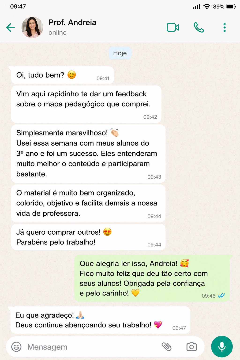 Depoimento de professora no WhatsApp sobre os mapas pedagógicos