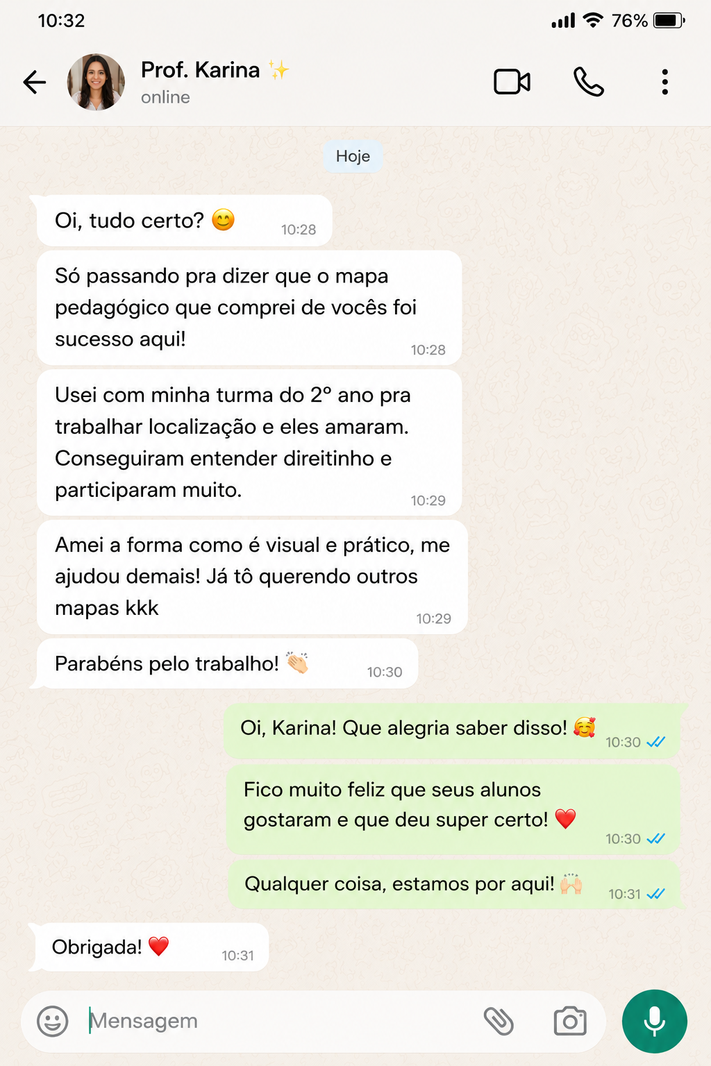Depoimento de professora no WhatsApp sobre os mapas pedagógicos