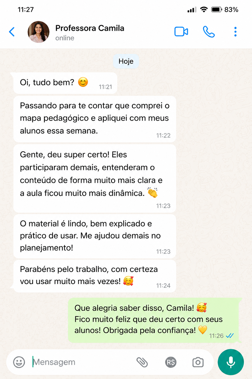 Depoimento de professora no WhatsApp sobre os mapas pedagógicos