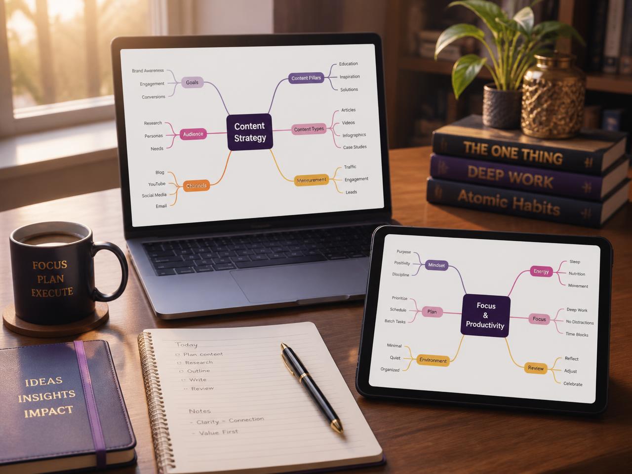 eBook de mapas mentais aberto em notebook e tablet sobre mesa de estudos